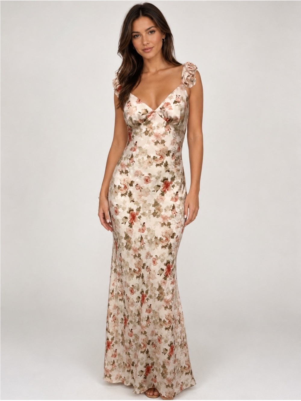 Floral Satin Slip Dress in Cream and Pink